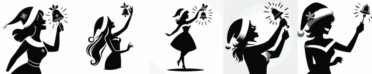 vector silhouette of a woman ringing a small Christmas bell