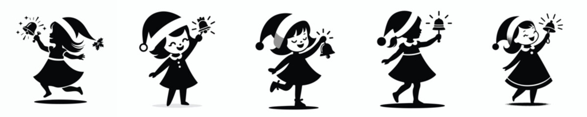 vector silhouette of a little girl ringing a small Christmas bell