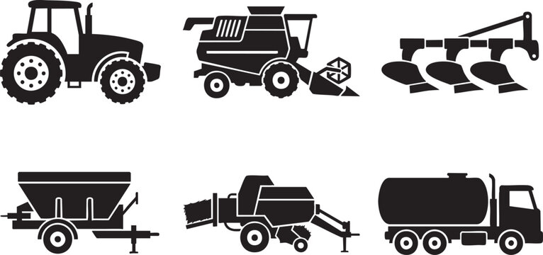 Black silhouette icons of agricultural machinery including tractor combine plow seeder baler tanker
