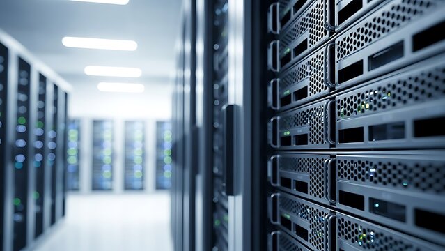 A close-up view of server racks lining the aisle of a high-tech data center - Powered by Adobe