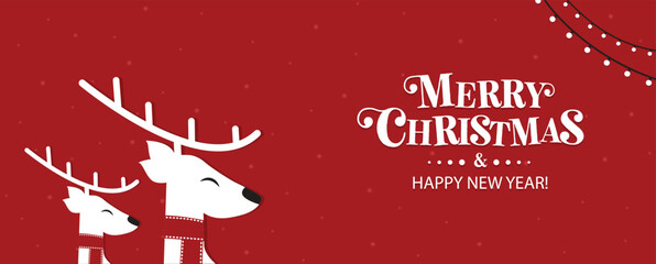 Cute Christmas reindeer on a red background. Christmas background, banner, or card. New trending vector illustration.