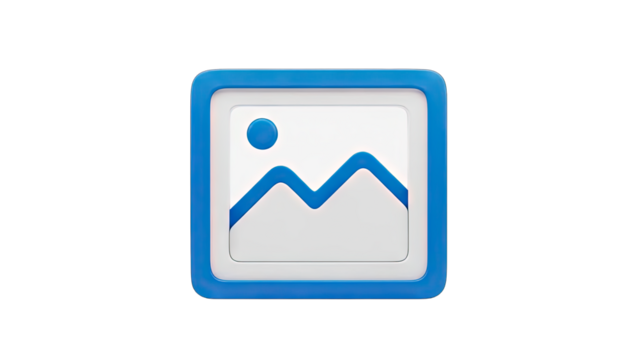 Abstract digital art icon representing a landscape with mountains and sun on a transparent background rendered in 3D with a blue frame and white landscape inside - Powered by Adobe