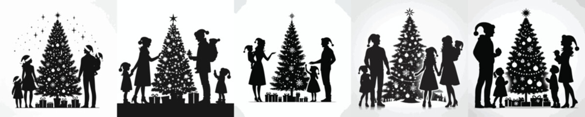 vector silhouette of family standing together at christmas tree