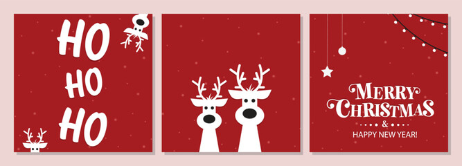 Cute Christmas reindeer on a red background. Christmas background, banner, or card. New trending vector illustration.