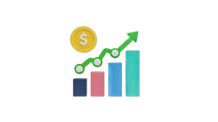 3D Rendered Bar Chart with Upward Trend Arrow and Gold Coin Illustrating Financial Growth and Investment Success on Transparent Background