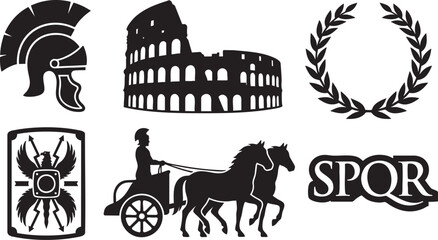 Black silhouette Roman helmet Colosseum laurel wreath chariot and S P Q R symbol vector