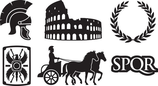 Black silhouette Roman helmet Colosseum laurel wreath chariot and S P Q R symbol vector