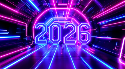 Futuristic Neon Tunnel with Glowing 2026 Sign