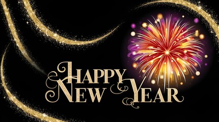 Dark elegant backdrop accented by shimmering gold glitter lines, vivid fireworks pop, and classic serif holiday greeting
