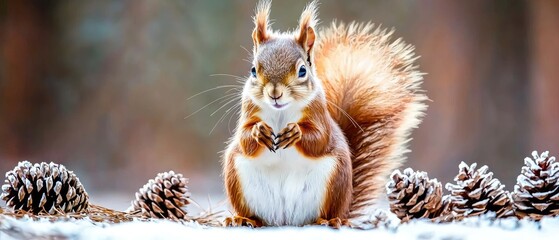 Squirrel playing in the snow surrounded by pine cones during a winter afternoon in the forest