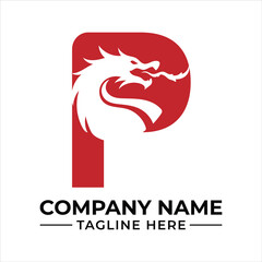 Fototapeta premium Modern p initial logo featuring a powerful dragon head silhouette on a red background