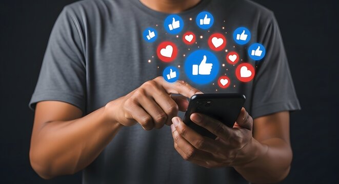 Man using smartphone with social media likes and hearts icons for online engagement strategy - Powered by Adobe