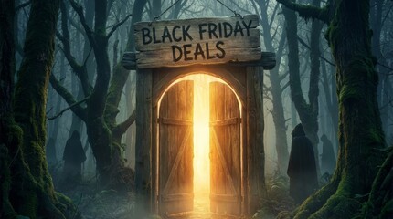 Black Friday Portal in Woods - A mysterious doorway glows in a dark forest, advertising Black Friday deals, evoking a sense of excitement and adventure for shoppers