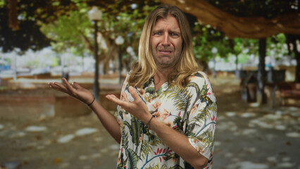 Blond long haired man stands with open palms and shrugged shoulders in a green park setting;...
