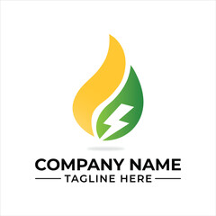 A modern logo concept featuring a green leaf, yellow flame shape, and a lightning bolt symbol