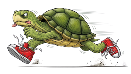 Humorous Cartoon Tortoise Running Fast in Red Sneakers Illustration isolated PNG with Transparent Background