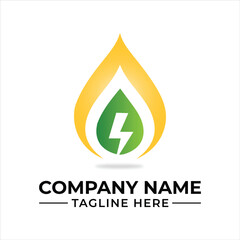 A modern logo design featuring a green eco-friendly energy symbol with a lightning bolt and yellow flame
