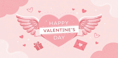 happy valentine's day, pink heart, heart with wings, winged heart, love, romance, valentine, february 14th, celebration, greeting, card, banner, background, wallpaper, gifts, presents, envelope, mail,