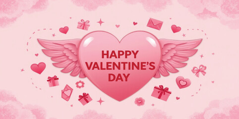 Happy Valentine's Day Pink Heart with Wings & Gifts - Romantic Celebration Background