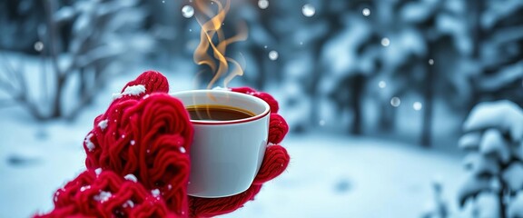 Red mittens holding a steaming cup of coffee amidst a snowy landscape, comfort, coffee