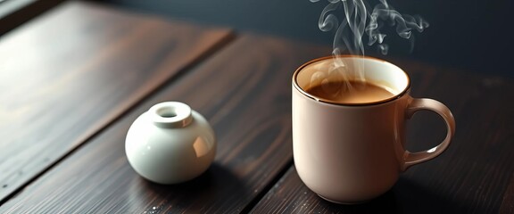 Steaming coffee in a mug on dark wood, minimalist scene, rustic, caffeinated