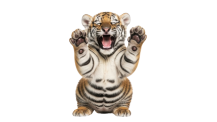 Adorable playful young tiger cub sitting, raising paws, and roaring aggressively isolated PNG with Transparent Background