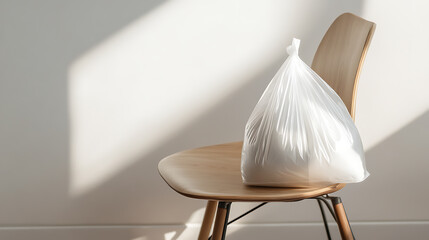 Minimalist shot of a tied-up plastic bag, resting on a modern wooden chair, bathed in soft sunlight against a plain white wall, conveying a sense of everyday domesticity.