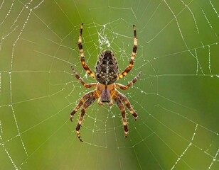 cross spider seen from above in the center of a web with dew drops and green background