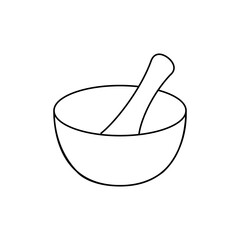 Mortar and Pestle, Black and White Line Art, Kitchen Tool Illustration