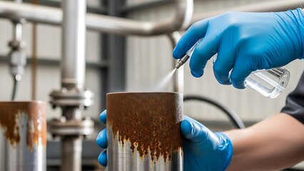 Applying rust treatment solution to a corroded metal pipe in an industrial setting