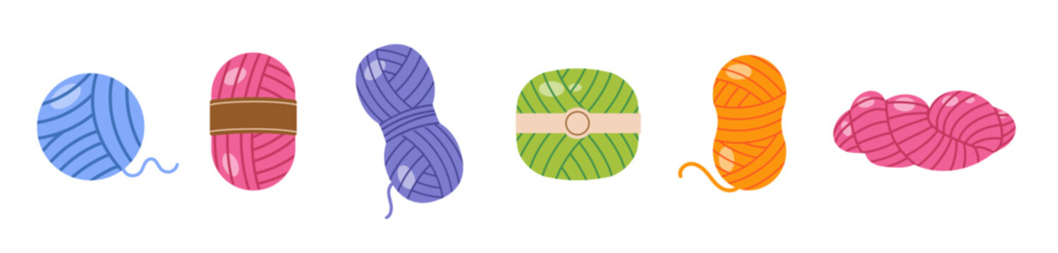 Different yarn balls and skeins set. Yarnwork design elements collection, vector illustration