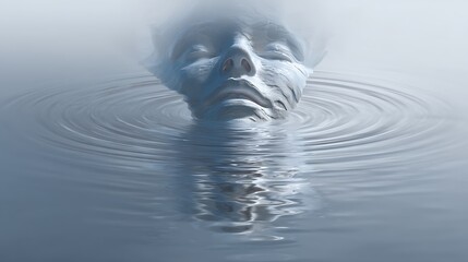 face melting into water ripples, representing dissolving anxious thoughts into calmness, dreamlike surrealism, 