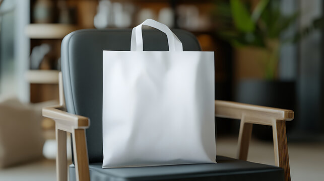 White tote bag on a wooden and black chair in a bright room. A simple, elegant presentation for showcasing design or logo ideas. Perfect for product display. - Powered by Adobe