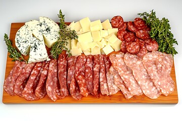 Gourmet charcuterie board featuring thinly sliced meats, parmesan, pecorino, gorgonzola, and decorative herbs arranged elegantly.