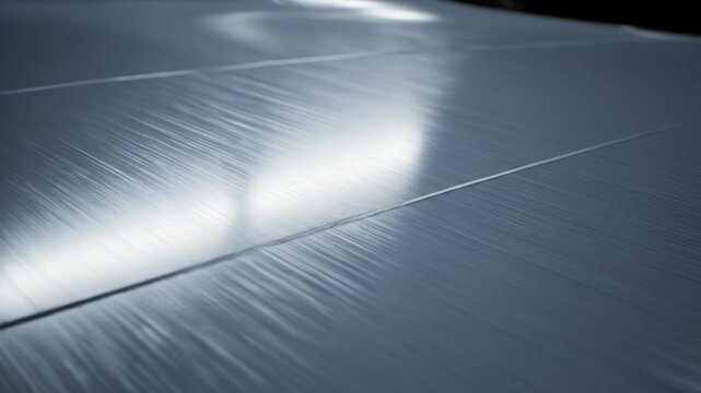 Close up of brushed metal surface with parallel lines and bright reflection, abstract background texture