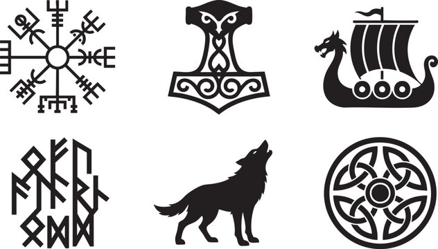 Collection of black viking symbols including a compass a hammer a ship a wolf and runes norse