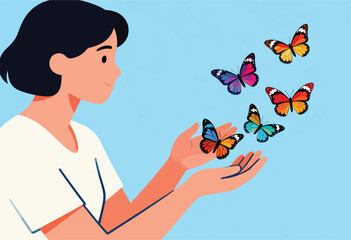 Person releasing colorful butterflies into the sky