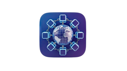 Abstract Digital Network Globe With Connected Cubes In A Circular Formation Representing Global Connectivity And Technology On A Dark Gradient Background With Neon Accents