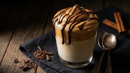 Dalgona coffee with chocolate drizzle and cinnamon garnish, gourmet presentation, dark moody style, professional culinary photography