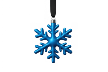 Blue snowflake shape christmas ornament hanging on a ribbon, reflecting winter season holidays and celebrations