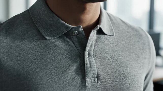 Man Wearing Polo Shirt in Office, Close Up
