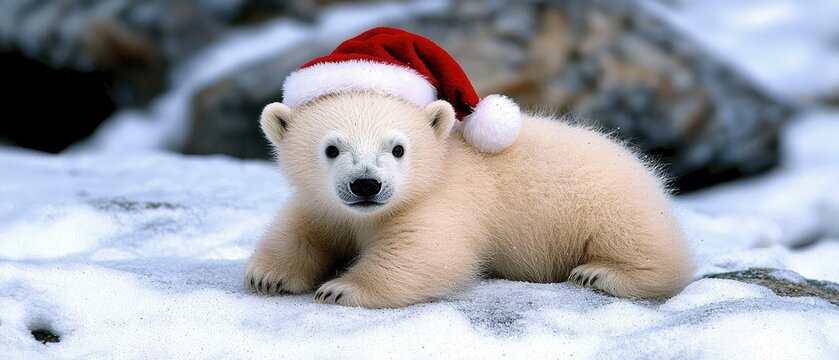 Cute polar bear cub wearing a Santa hat sitting on snow during winter season in a natural habitat