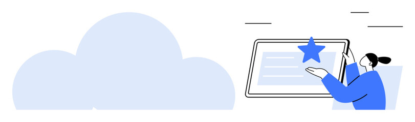 Cloud services, digital storage, education, online platforms, user interaction, technology. Woman using a tablet with a star symbol. Cloud services and digital storage concept
