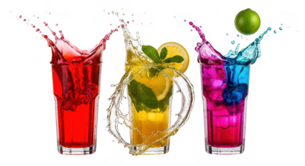 Colorful drinks with splashes and ice cubes on transparent background