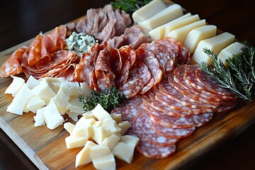 Gourmet charcuterie board featuring thinly sliced meats, parmesan, pecorino, gorgonzola, and decorative herbs arranged elegantly.