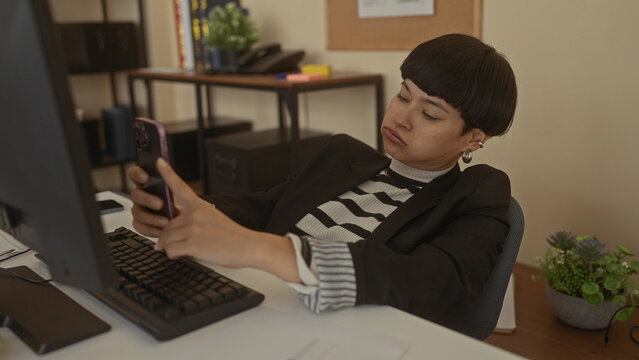 Woman bored at office desk leaning back with phone in hand, surrounded by computer, keyboard, and indoor plants, indicating lack of motivation in work environment.