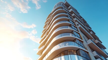 Modern glass skyscraper architecture featuring a tall office building facade with blue windows in the downtown city urban skyline of Hong Kong