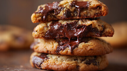 Fresh baked chocolate chip cookies stacked, gooey melted chocolate, macro close-up detail, warm kitchen background, natural light, 8k professional food photography