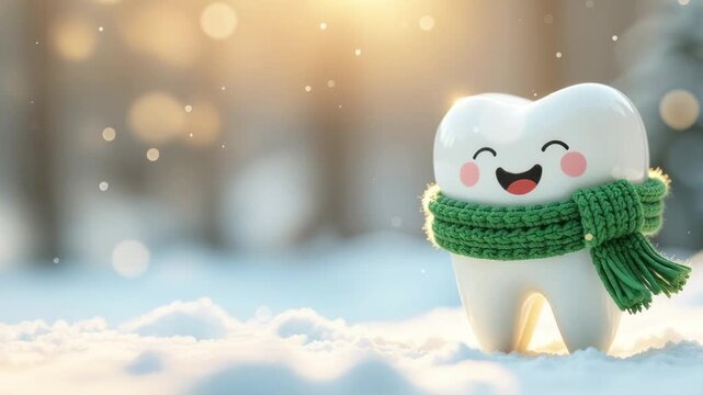 Slow motion tooth ceramic toy with scarf on Falling snow forest background with space for text. Seasonal Christmas stomatology promotions and offers