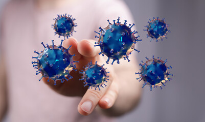 Concept of health and disease. Hand reaching out to touch simulated coronavirus cells. Science and...
